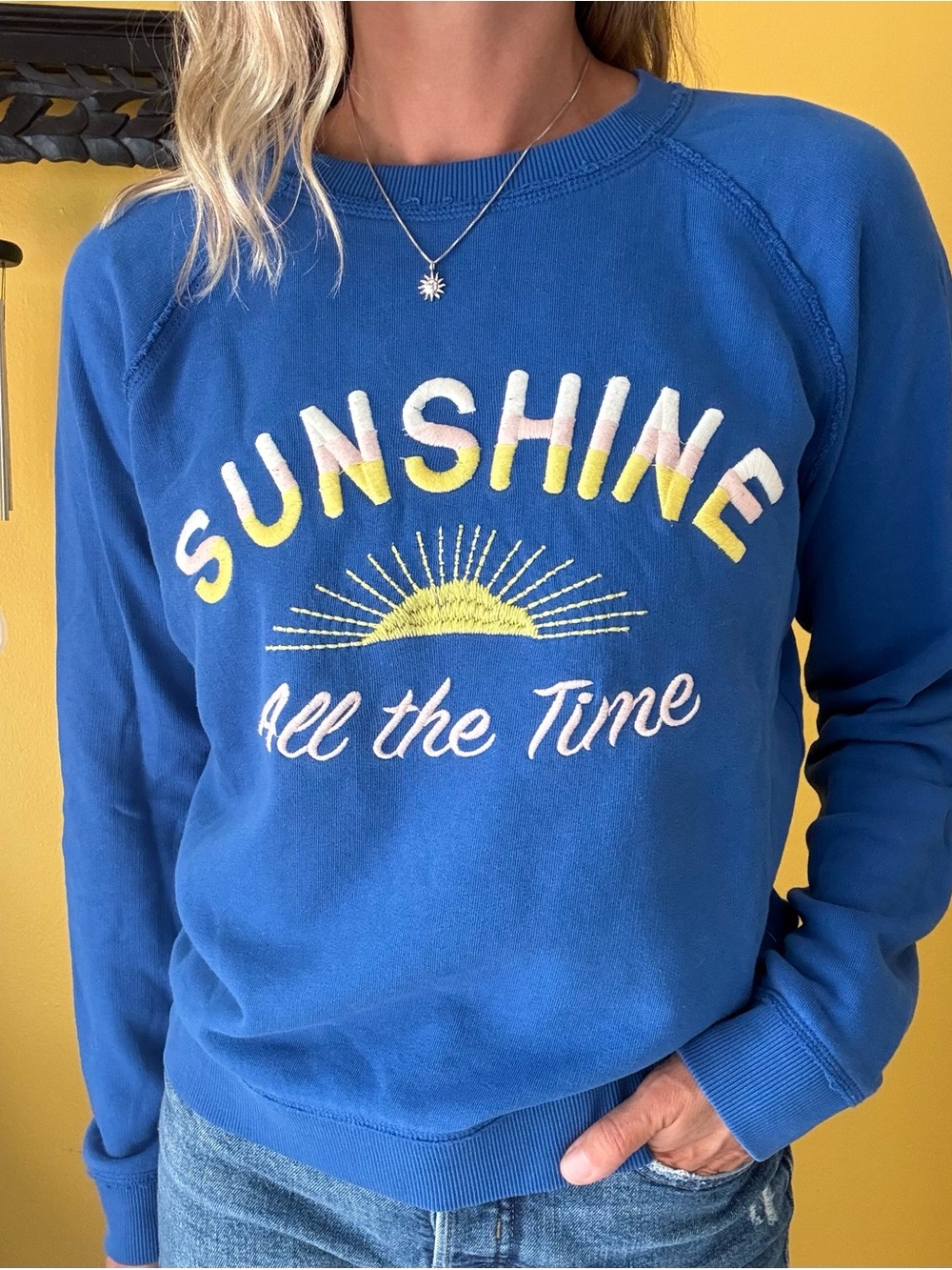 Lucky Brand Blue Sunshine All The Time Embroidered Pullover Crew Sweatshirt Sml